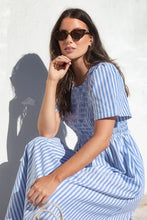 Load image into Gallery viewer, Wren Blue Stripe Cotton Blend SS Shirred Bodice Midi Dress - Blue Stripe
