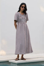 Load image into Gallery viewer, Wren Chocolate Gingham SS Shirred Bodice Midi Dress - Chocolate Gingham
