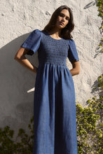 Load image into Gallery viewer, Wren Storm Blue Cotton SS Shirred Bodice Midi Dress
