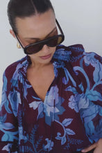 Load image into Gallery viewer, Burgundy Blue Floral /Blue Floral Shirred Neck Short Sleeve Top
