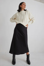 Load image into Gallery viewer, Ivy Black Washer Satin Midi Bias Skirt
