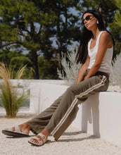 Load image into Gallery viewer, Vibe Khaki Linen Blend Stipe Wide Leg Pant
