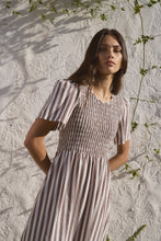 Load image into Gallery viewer, Wren  Chocolate Stripe Shirred Bodice Dress
